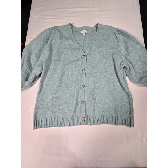 J. Jill Sweaters - J. Jill Women Blue Puff Sleeve Cottage Button Knit Cardigan Sweater Large L